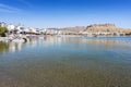 Panoramatic view of Haraki beach with apartment houses Rhodes Greece