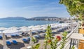 Panoramatic view of sun beds and sunshades on Haraki beach Rhod