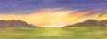 Panoramic illustration of sunset over grass field. Watercolor handmade drawing