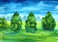 Panoramic abstract landscape of green trees and blue sky. Hand drawn watercolor sketch. Summer or spring. Nature and ecology. Royalty Free Stock Photo