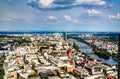 Panoramic aerial cityscape of Frankfurt am Main city and river Main, Hesse, Germany