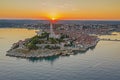 Panoramic aerial drone picture of the historic city Rovinj in Croatia during sunrise Royalty Free Stock Photo