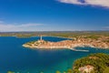 Panoramic aerial drone picture of the historic city Rovinj and harbor in Croatia Royalty Free Stock Photo