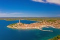 Panoramic aerial drone picture of the historic city Rovinj and harbor in Croatia Royalty Free Stock Photo