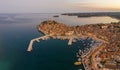 Panoramic aerial drone picture of the historic city Rovinj and harbor in Croatia during sunrise Royalty Free Stock Photo