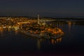 Panoramic aerial drone picture of the historic city Rovinj and harbor in Croatia during sunset Royalty Free Stock Photo