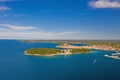 Panoramic aerial drone picture of the historic city Rovinj and harbor in Croatia during sunset Royalty Free Stock Photo