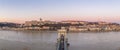 Panoramic aerial drone shot of Buda Castle on Buda hill before Budapest sunrise