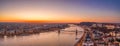 Panoramic aerial drone shot of Budapest by danube river with lights on before sunrise hour Royalty Free Stock Photo