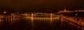 Panoramic aerial drone shot of Chain bridge over danube river in Budapest evening Royalty Free Stock Photo