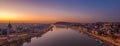 Panoramic aerial drone shot of danube wich chain bridge Fisherman Bastion sunrise in Budapest dawn Royalty Free Stock Photo