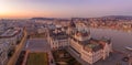 Panoramic aerial drone shot of Dome of Hungarian Parliament at dawn before sunrise in Budapest morning Royalty Free Stock Photo