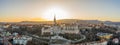 Panoramic aerial drone shot of Fisherman`s Bastion on Buda Hill in Budapest sunset
