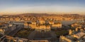 Panoramic aerial drone shot of Hungarian Parliament lights off before sunrise in Budapest dawn Royalty Free Stock Photo