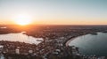 Panoramic aerial drone sunset view of Manly, an affluent seaside suburb of Sydney, New South Wales, Australia.