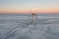 Panoramic aerial drone view from above of the suspended bridge over danube river, under construction, between Braila and Tulcea Royalty Free Stock Photo