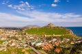 Panoramic aerial view of the city of Sudak and the Genoese fortress,Crimea Royalty Free Stock Photo