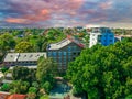 Panoramic Aerial Drone view of Suburban Sydney housing, roof tops, the streets and the parks