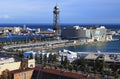 Panoramic aerial landscape view of harbor in Barcelona. Funicular tower at port. View from Montjuic to the harbor Royalty Free Stock Photo