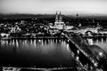 Panoramic aerial night landscape of the gothic catholic Cologne cathedral, Hohenzollern Bridge and the River Rhine in Cologne, Ger Royalty Free Stock Photo