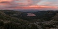 Panoramic aerial shot of the Donner Summit mountain pass in California during the sunset Royalty Free Stock Photo