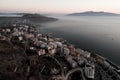 Panoramic aerial shot from drone. Mediteranean sea and Corfu island in the background Royalty Free Stock Photo