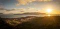 Panoramic Aerial Sunset View of Orcas Island. Royalty Free Stock Photo