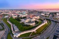 Panoramic aerial top view of Kazan Kremlin Kul Sharif mosque islam republic sunset, Tatarstan Russia