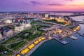 Panoramic aerial top view of Kazan Kremlin Kul Sharif mosque Kazanka river embankment sunset, Tatarstan Russia