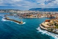 Panoramic aerial view from above of the city of Chania, Crete island, Greece. Landmarks of Greece, beautiful venetian town Chania Royalty Free Stock Photo