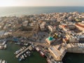 Panoramic Aerial View of Acco, Acre, Akko old city with crusader palace, city walls, arab market, knights hall, crusader tunnels, Royalty Free Stock Photo