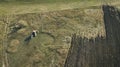 Panoramic aerial view of agricultural cultivated field with tractor performing fall tillage