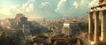 Panoramic aerial view of Ancient Rome, landscape with old historical buildings and blue sky in summer. Concept of Roman Empire,