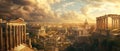 Panoramic aerial view of Ancient Rome at sunset, landscape with old historical buildings and sky in summer. Concept of Roman