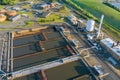 Aerial view of basins for sewage water aeration and cleaning in process of sewage treatment on Biological treatment