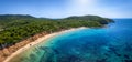 Panoramic aerial view of the beach at Mantraki, Skiathos island, Royalty Free Stock Photo