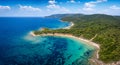 Panoramic aerial view of the beach at Mantraki, Skiathos island Royalty Free Stock Photo