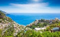 Panoramic aerial view of beautiful Positano with comfortable beaches and clear blue sea on Amalfi Coast in Campania, Italy Royalty Free Stock Photo