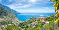 Panoramic aerial view of beautiful Positano with comfortable beaches and clear blue sea on Amalfi Coast in Campania, Italy Royalty Free Stock Photo