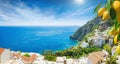 Panoramic aerial view of beautiful Positano with comfortable beaches and clear blue sea on Amalfi Coast in Campania, Italy Royalty Free Stock Photo