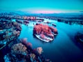 Panoramic aerial view: beautiful spring landscape: the Irtysh river in Kazakhstan wakes up from winter sleep - ice drift - snow Royalty Free Stock Photo