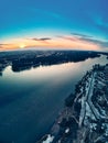 Panoramic aerial view: beautiful spring landscape: the Irtysh river in Kazakhstan wakes up from winter sleep - ice drift - snow Royalty Free Stock Photo