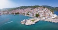 Panoramic aerial view of the beautiful town and harbour of Skopelos island