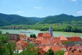 Panoramic aerial view of beautiful Wachau Valley with the historic town of Durnstein and famous Danube river, Lower Austria region Royalty Free Stock Photo