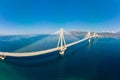 Panoramic aerial view Bridge Rion-Antirion. The bridge connecting the cities of Patras and Antirrio Royalty Free Stock Photo