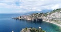 Panoramic aerial view of Cefalu sea port and Tyrrhenian Sea coast, Sicily, Italy. Cefalu city is one of the major