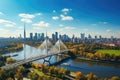 Panoramic aerial view of the city of Frankfurt am Main, Germany, aerial drone view to cable-stayed Siekierkowski Bridge over the