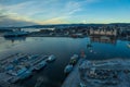 Panoramic aerial view of the city of Oslo, the central part of the city around Oslo Opera House and the port in Winter. Oslo,