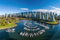 Panoramic aerial view of the city of Vancouver, British Columbia, Canada, Aerial Panorama of Downtown City at False Creek, Royalty Free Stock Photo