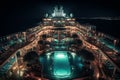 A panoramic aerial view of a cruise ship at night, featuring smart services. Generative AI